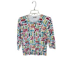 Talbots Shoe Ballet Flat Print Button Up 100% Cotton Cardigan Medium Petite